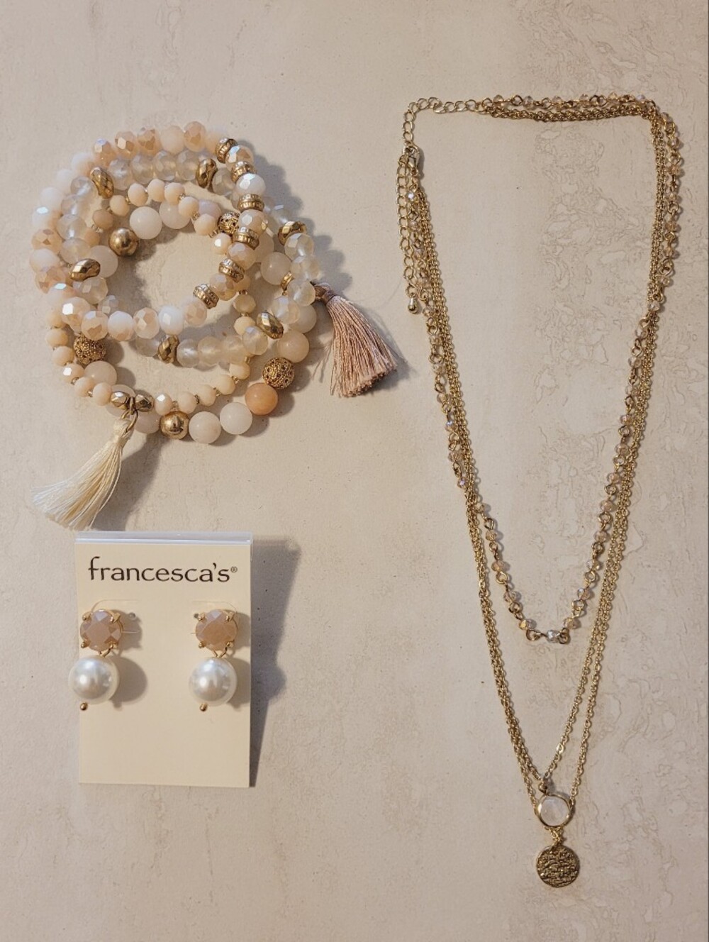 NEW Francesca's Tiered Necklace Bracelet Earrings Set Pearl Pink Rhinestone Gold